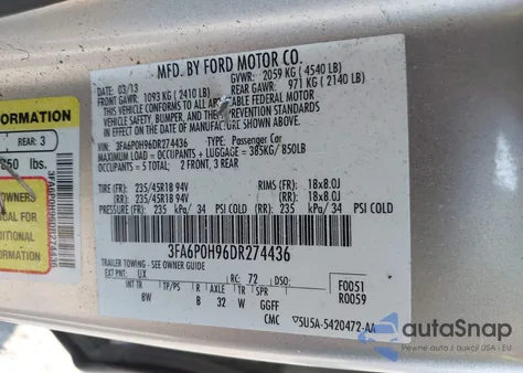 2013 Ford Fusion Se z USA, uszkodzony, nr VIN 3FA6P0H96DR274436